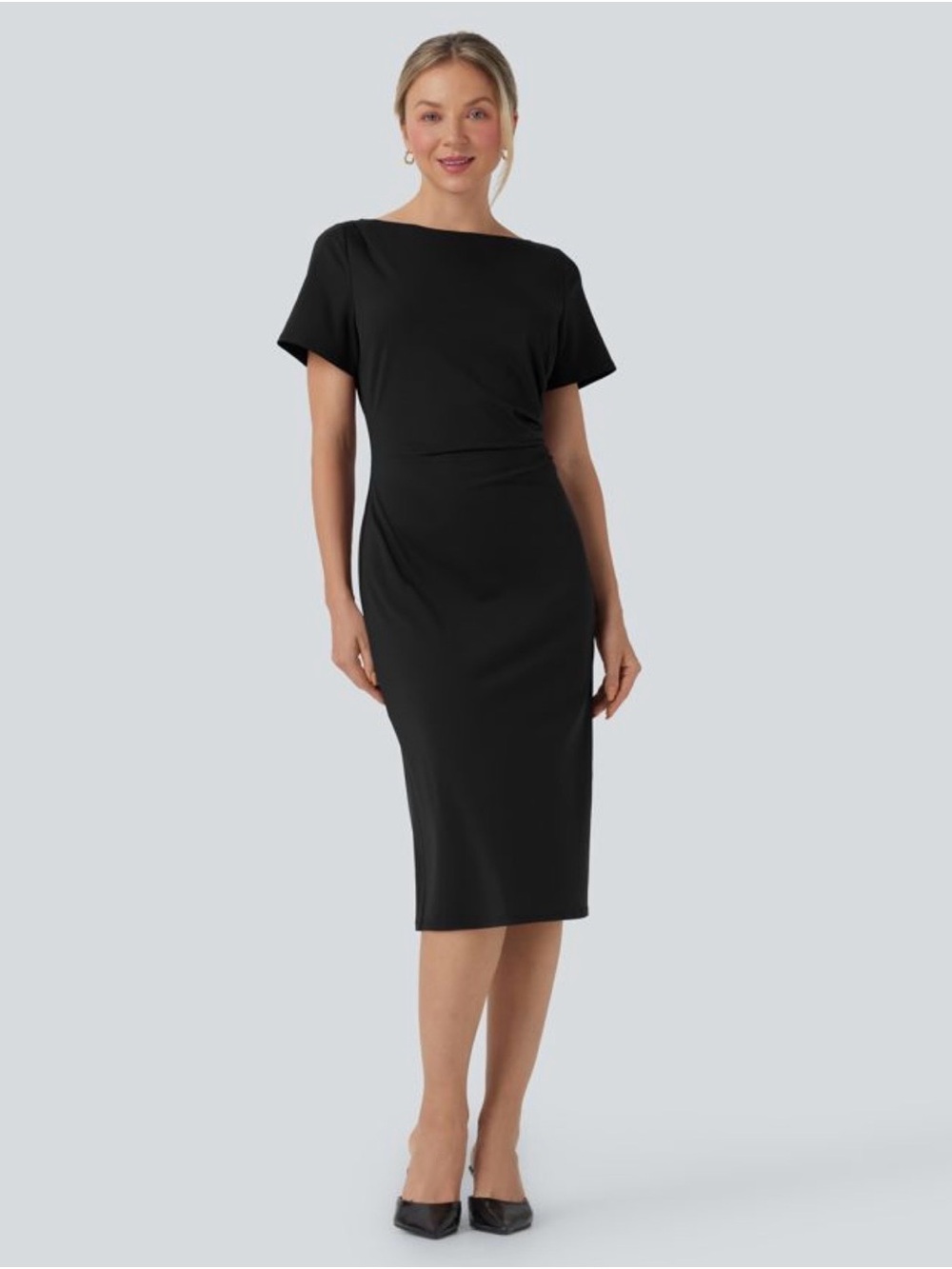 HALARA Black Midi Sheath Dress with Short Sleeves